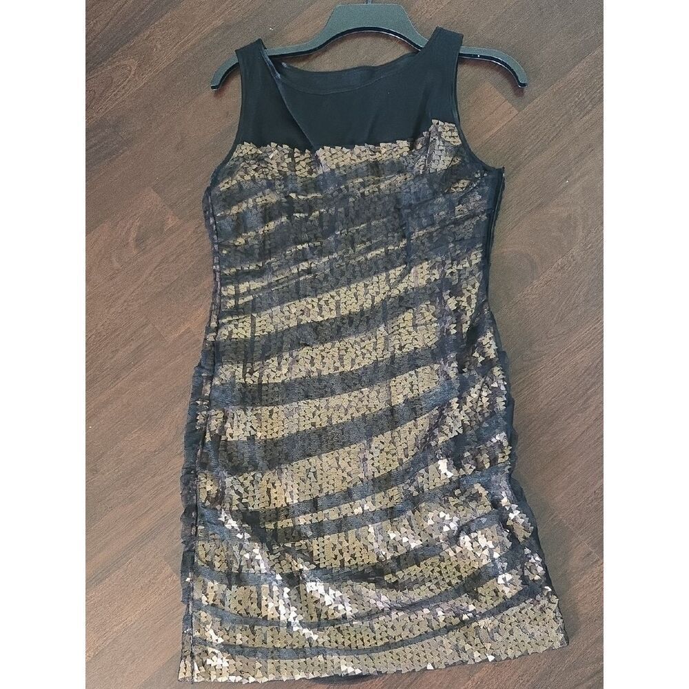 Cynthia Steffe Black and Gold Sequin Striped Tank Dress